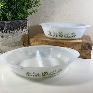 Vintage Glasbake Green Daisy Milk Glass Set of 2